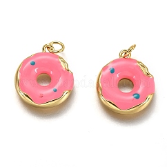 Messing Emaille-Anhänger, cadmiumfrei und bleifrei, langlebig plattiert, echtes 18k vergoldet, mit Sprungring, Imitation Lebensmittel, Donutform, rosa, 15x13x2.7 mm, Bohrung: 2.6 mm