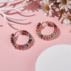 天然瑪瑙ビーズフープピアス  女性用304ステンレススチールワイヤーラップジュエリー  ゴールドカラー  カラフル  43x43.5x9mm  ピン：1.1x0.6mm&nbsp;EJEW-JE04847-05