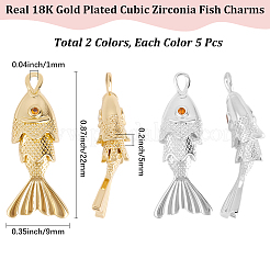 10本2色真鍮マイクロパヴェクリアキュービックジルコニアペンダント  魚のチャーム  ゴールデン＆シルバー  22x9x5mm  穴：1mm  5個/カラー&nbsp;KK-BBC0023-48