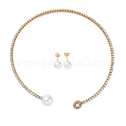 Круглые пластиковые серьги-гвоздики с имитацией жемчуга и комплекты колье-чокеров с кубическим цирконием и стразами SJEW-U003-03G