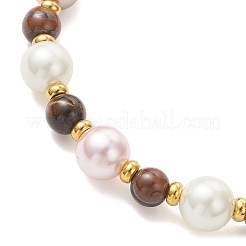 Браслеты из круглых бусин из ракушечного жемчуга и натурального тигрового глаза для женщин&nbsp;BJEW-JB12896