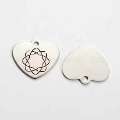 変色しないステンレススチールのハートペンダント  リング模様付き  ステンレス鋼色  21x24x1mm  穴：2mm&nbsp;STAS-L165-E02