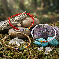 Set di 3 bracciale intrecciato regolabile con perline rotonde in pietre naturali e sintetiche miste&nbsp;ZZ4943-4