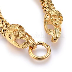 304ステンレスメッシュブレスレット  キー留め金付き  スカル  ゴールドカラー  9インチ（23cm）  12x6mm&nbsp;BJEW-L631-35G