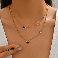 Комплекты из серег-гвоздиков и двухслойного ожерелья из нержавеющей стали с кубическим цирконием в форме звезды и луны MH5763