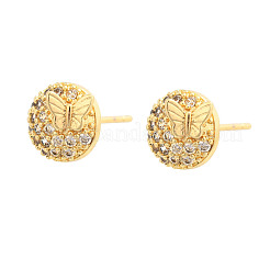 Плоские круглые серьги-гвоздики с бабочкой из латуни с микропаве из прозрачных кубических цирконий&nbsp;EJEW-H162-02G