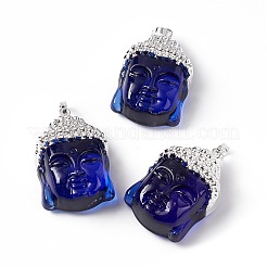 ミディアム ブルー ガラス ペンダント  ラックメッキ真鍮のパーツ  仏頭  銀  38.5x26x15.5mm  穴：4.5x6.5mm&nbsp;KK-I639-01GS