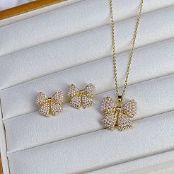 Комплект из колье с подвеской и серег-гвоздиков из латуни с микропаве из прозрачных кубических цирконий FS-WGCEA70-01