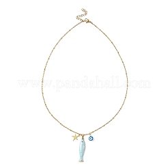 Halsketten mit Anhängern aus Messing und Emaille (Symbol: böser Blick) sowie Fischanhängern aus Edelstahl 304 und passenden Ketten aus Edelstahl 304 für Damen&nbsp;NJEW-JN06382-01