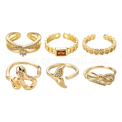 6 pz 6 stili regolabili in ottone micro pavé di anelli per polsini con zirconi trasparenti&nbsp;RJEW-LS0001-21G