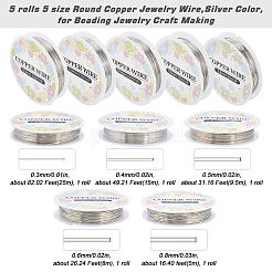 5 ロール 5 サイズの銅ジュエリー ワイヤー  ラウンド  銀  18~28ゲージ  0.3~1mm  2.5~20 m /ロール  1巻/サイズ&nbsp;CWIR-SC0001-03C