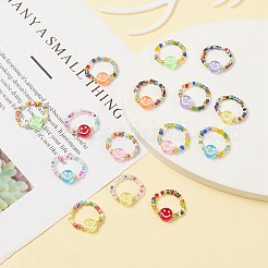 Растягивающееся кольцо из стеклянных семян и акрила с улыбающимся лицом и бисером RJEW-JR00575