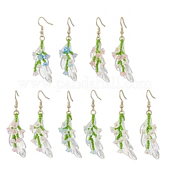 手作りのガラスシードビーズのダングルイヤリング  アクリルと  ゴールドカラー  ユリの花の枝  ミックスカラー  62x14~20mm&nbsp;EJEW-MZ00546