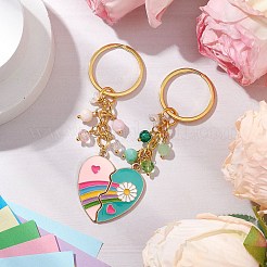 合金エナメルチャームキーホルダー2個  鉄のスプリットキーリング付き  バレンタインデーのハートの虹の花  ゴールドカラー  86mm  2個/セット&nbsp;KEYC-JKC01093