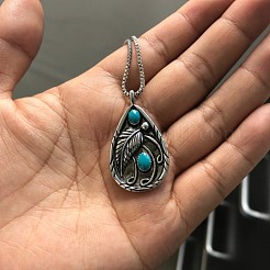 Colliers avec pendentif en forme de larme en résine d'alliage imitation turquoise et plume&nbsp;WG61DB0-01