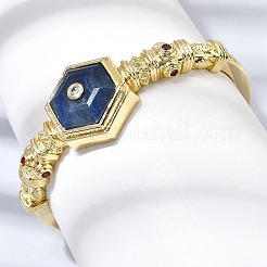Bracciali rigidi da donna esagonali in ottone con pavé di lapislazzuli naturali e zirconi cubici.&nbsp;BJEW-Z172-01G-10