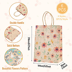 6 pièces 3 styles de sacs à main en papier kraft imprimé fleur&nbsp;ABAG-TA0001-52