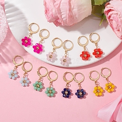7ペア7色ゴールド合金フレンチフックピアス  フラワーガラスドロップイヤリング  ミックスカラー  29.5~30x11~12mm  1ペア/カラー&nbsp;EJEW-JE05715