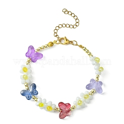 Bracciale con perline di vetro a forma di fiore e farfalla con fermagli in acciaio inossidabile 304&nbsp;BJEW-JB09585