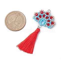手作りのガラスシードファンの大きなペンダント  ジャンプリングとポリエステルタッセル付き  レッド  62x29.5x3.5mm  穴：3mm&nbsp;PALLOY-MZ00389-01