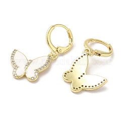 バタフライ リアル 18K ゴールド メッキ ブラス ダングル レバーバック イヤリング  キュービックジルコニアエナメル  ホワイトスモーク  30x17.5mm&nbsp;EJEW-L268-035G-01