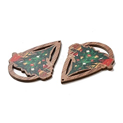 片面クリスマスプリントウッドビッグペンダント  クリスマスツリーのティアドロップチャーム  グリーン  54x44.5x2.5mm  穴：1.8mm&nbsp;WOOD-D025-35