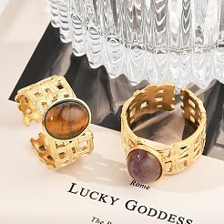 304ステンレススチールオープンカフリング  女性用楕円形天然宝石リング  18KGP本金メッキ  イオンプレーティング（ip）  10mm  調整可能&nbsp;RJEW-Z078-20G