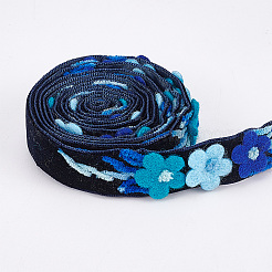 ベルベットの手作り花刺繍レースリボン  DIYクラフト用  縫製装飾  ダークブルー  5/8インチ（16mm）&nbsp;SRIB-WH0011-077A