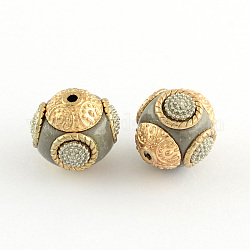 Round Handmade Indonesia Beads, with Alloy Cores, Golden, Slate Gray, 14~16x14~16mm, Hole: 1.5mm