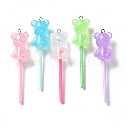 Luminous Transparent Resin Big Pendants, Glitter Lollipop Charms, Glow in Dark, with Platinum Tone Iron Loops, Mixed Color, Bear, 71x17x15mm, Hole: 2mm