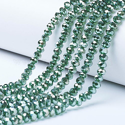 Abalorios de vidrio electroplate hebras, platinado, facetados, rerondana plana, verde oscuro, 6x5mm, agujero: 1 mm, aproximamente 85~88 pcs / cadena, 16.1~16.5 pulgada (41~42 cm)