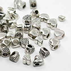 Antique Silver Tibetan Style Alloy European Beads, Large Hole Heart Beads, Lead Free, 10~11x8~13x6~7mm, Hole: 4~4.5mm