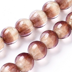 Brin de perles de verre de feuille d'argent au chalumeau, avec de la poudre d'or, ronde, selle marron, 12~12.5x11~12mm, Trou: 1.5mm, Environ 30 pcs/chapelet, 13.5 pouce (34.5 cm)