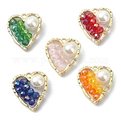 5Pcs 5 Color Glass & Natural Shell Beaded Pendants, with Rack Plating Light Gold Alloy Findings, Heart Charms, Mixed Color, 22.5x20.5x8mm, Hole: 1.5mm, 1Pc/color