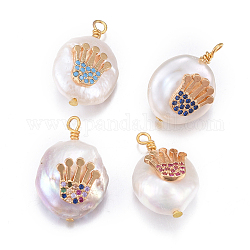 Colgantes naturales de perlas cultivadas de agua dulce, con fornituras de latón y circonio cúbico, pepitas con corona, dorado, color mezclado, 17~26x11~16x5~11mm, agujero: 1.6~2 mm