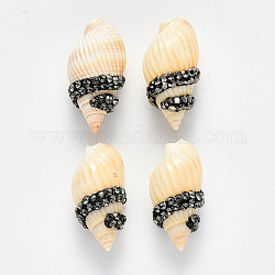 Perles de coquillages en spirale, avec argile polymère strass, pas de trous / non percés, diamant noir, pp11 (1.7~1.8mm), 22~26x11~13x10~11mm