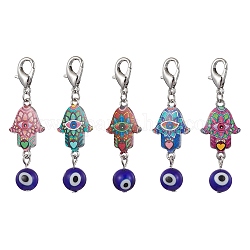 Hamsa Hand with Evil Eye Alloy Enamel & Lampwork Pendant Decorations, with Alloy Lobster Claw Clasps, Platinum, 55mm