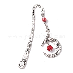 Segnalibro con pendente a forma di luna in lega, segnalibri a gancio in lega di stile tibetano, con perla di vetro, rosso, 112mm