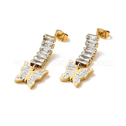 Boucles d'oreilles pendantes longues papillon strass cristal, placage ionique (ip) 304 bijoux en acier inoxydable pour femmes, or, 29x12x3mm, pin: 0.9 mm