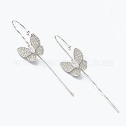 Brass Micro Pave Clear Cubic Zirconia Ear Wrap Crawler Hook Earrings, Butterfly, Platinum, 56x13.5mm, Pin: 1mm