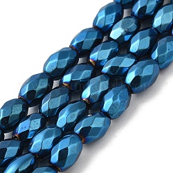 Galvanisierte, stark magnetische Stränge aus synthetischen Hämatitperlen, langlebig plattiert, facettierte oval , in Blau Plattiert, 7~8x5~5.5 mm, Bohrung: 1.4 mm, ca. 50 Stk. / Strang, 15.35'' (39 cm)