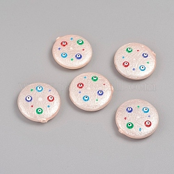 Paint Sprayed Shell Pearl Beads, with Enamel, Textured, Flat Round with Evil Eye, PeachPuff, 18.5~20.5x4.5~5.5mm, Hole: 0.8mm