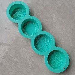 Moules en silicone de savon de bricolage, pour la fabrication de savons artisanaux, plat rond avec motif floral, 4 cavités, turquoise, 325x91x30mm, diamètre intérieur: 68x27 mm