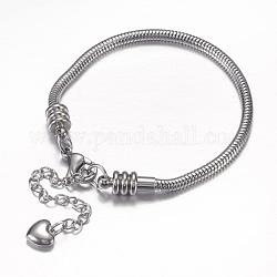 304 acero inoxidable pulseras de cadenas de serpiente redondas europeas, con cierre de pinza y los charms del corazón, color acero inoxidable, 190x3mm