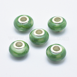 Perline europeo di polimero argilla fatto a mano, con anime in ottone placcato color argento, perline con foro grande, rondelle, verde lime, 13~16x8~11mm, Foro: 4.5~5 mm