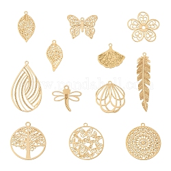 Cheriswelry 48Pcs 12 Style Rack Plating 201 Stainless Steel Pendants, Etched Metal Embellishments, Real 18K Gold Plated, 13.5~41.5x9.5~20.5x0.4mm, Hole: 1~1.8mm, 4pcs/style