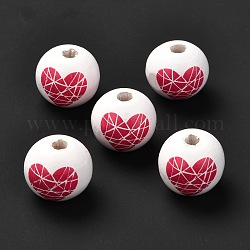 Perles européennes en bois imprimées, Perles avec un grand trou   , ronde avec motif coeur, teinte, blanc, 16x15mm, Trou: 4mm