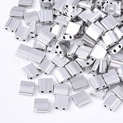 Electroplate Opaque Glass Seed Beads, 2-Hole, Rectangle, Silver Plated, 5x4.5~5.5x2~2.5mm, Hole: 0.5~0.8mm