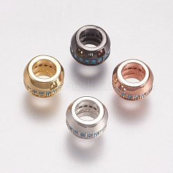 Ottone micro spianare perline europei zirconi, perline con foro grande, rotondo e piatto, cielo blu profondo, colore misto, 7.5x5.5mm, Foro: 4 mm