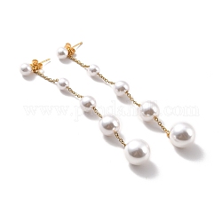 Aretes colgantes de cadena larga con cuentas de perlas de plástico redondas, 304 pendientes colgantes de acero inoxidable para mujer., dorado, 93mm, pin: 0.7 mm